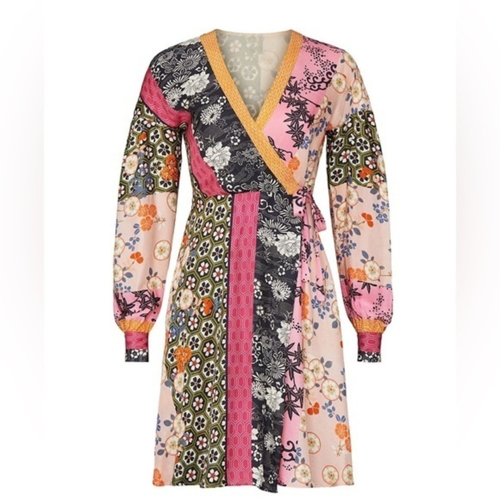 PINKO Draghetta Twill Pink Patchwork Faux Wrap Long Sleeve Mini Dress